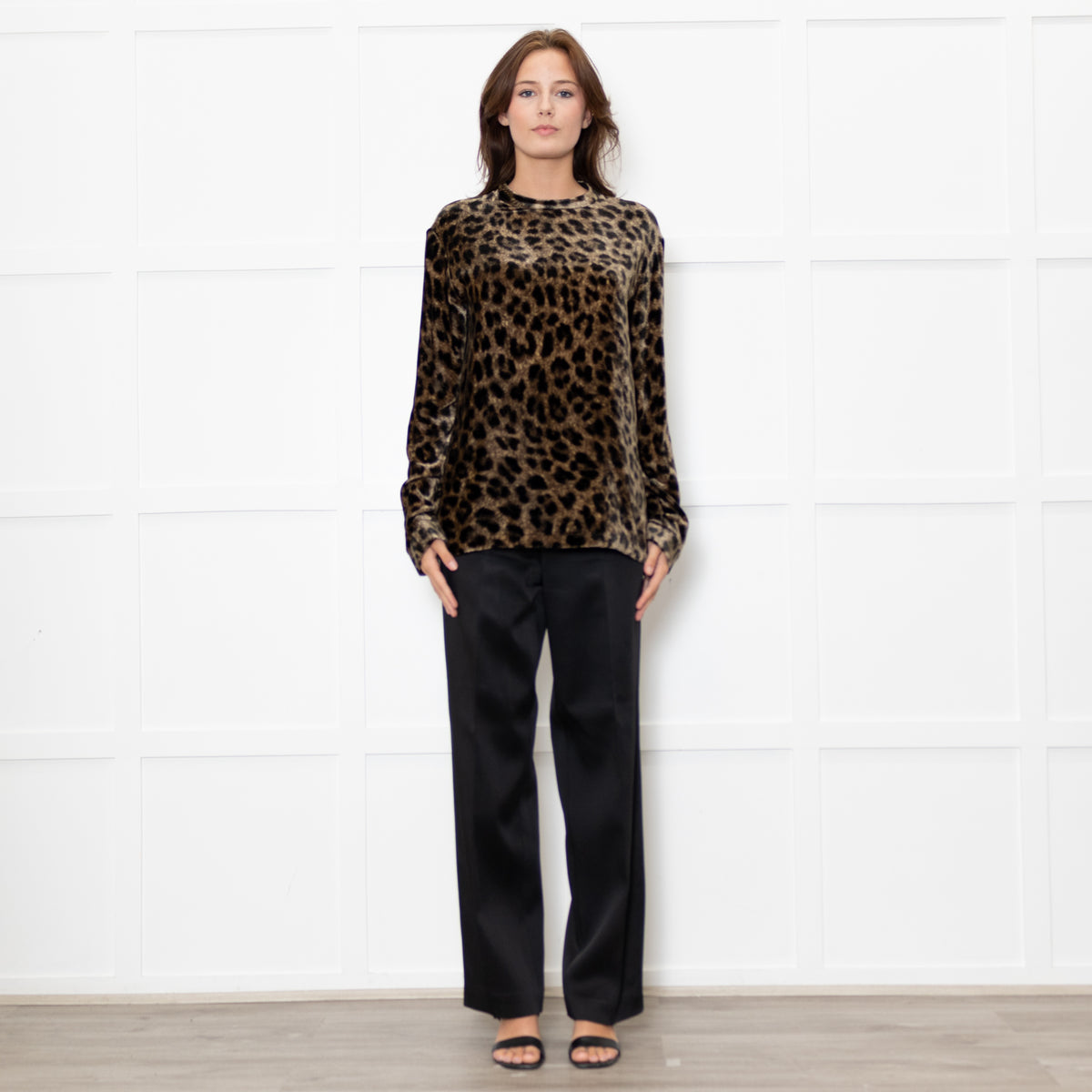 Raey Brown Black Velvet Animal Print Long Sleeve Top