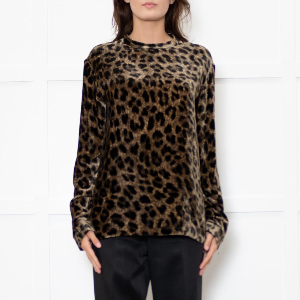 Raey Brown Black Velvet Animal Print Long Sleeve Top