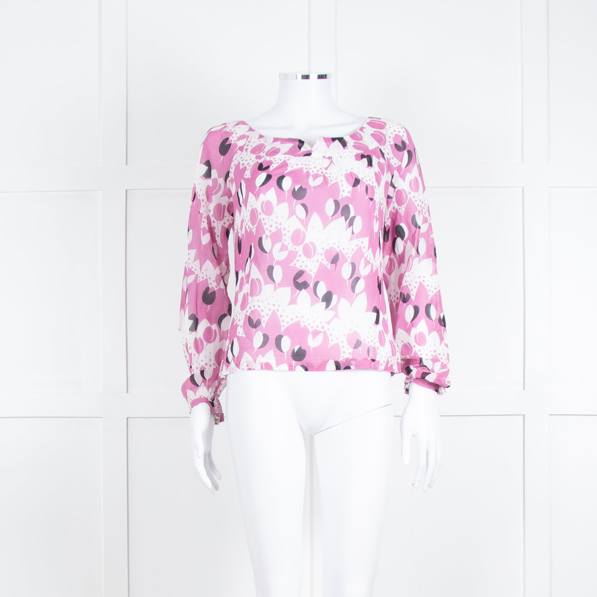 Paul & Joe White Lilac Black Floral Long Sleeve Fine Cotton Top
