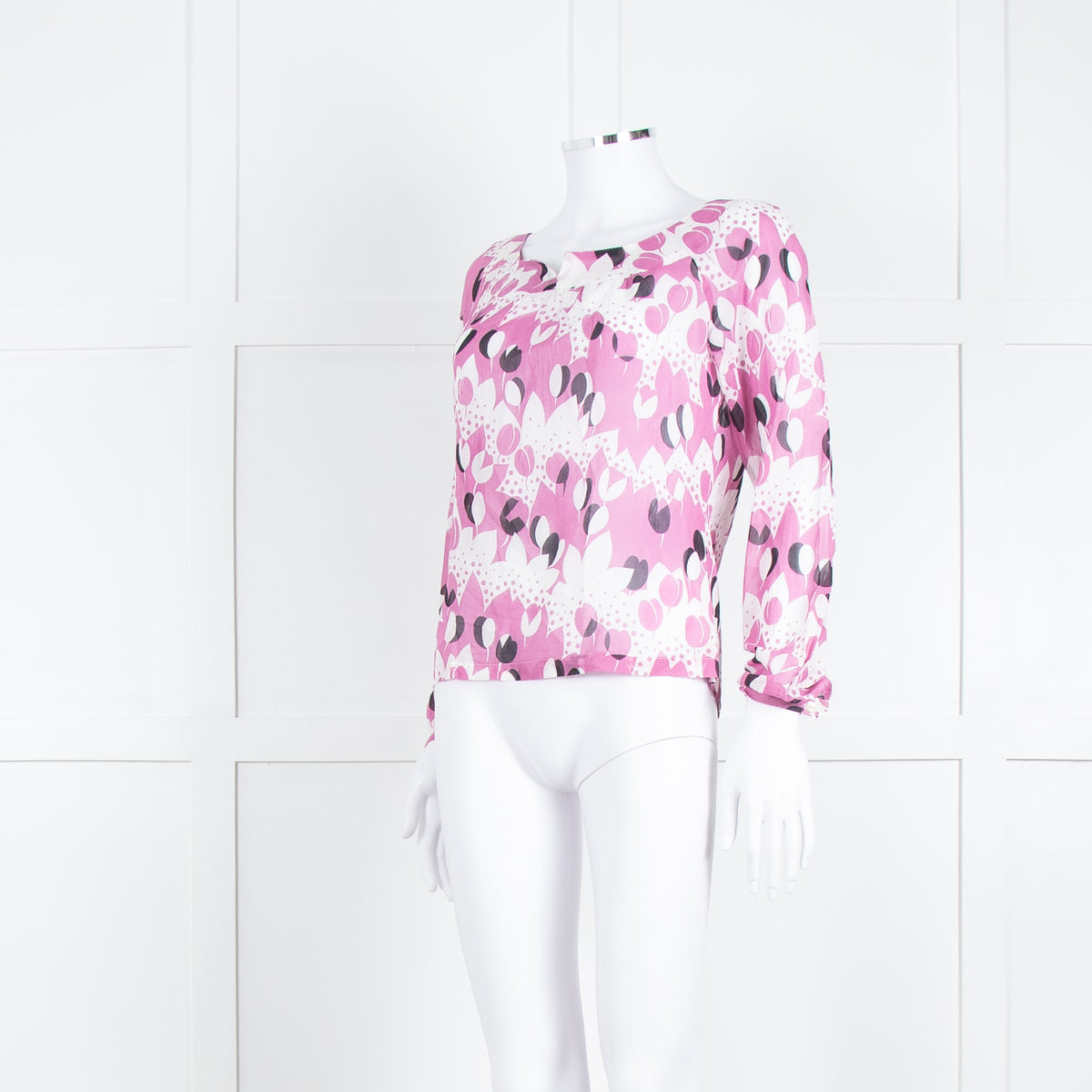 Paul & Joe White Lilac Black Floral Long Sleeve Fine Cotton Top