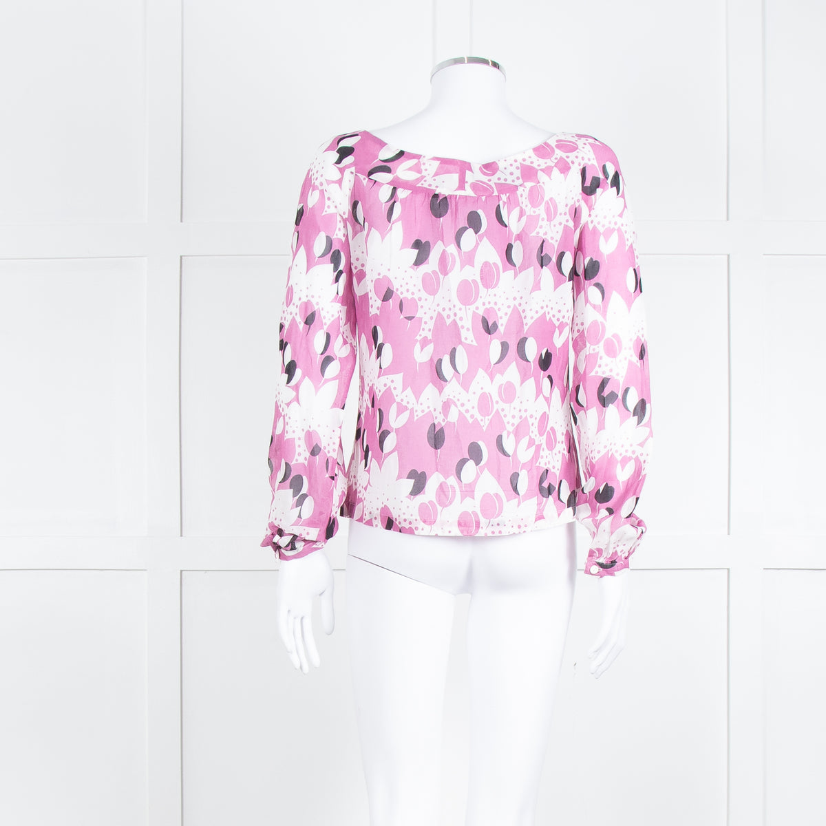 Paul & Joe White Lilac Black Floral Long Sleeve Fine Cotton Top