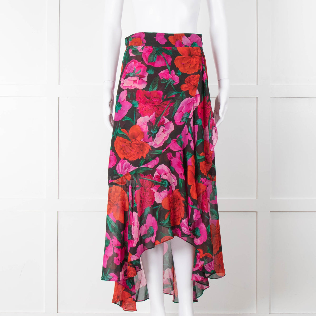 The Kooples Black Red Pink Rose Print Frill Trim Skirt