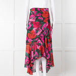 The Kooples Black Red Pink Rose Print Frill Trim Skirt