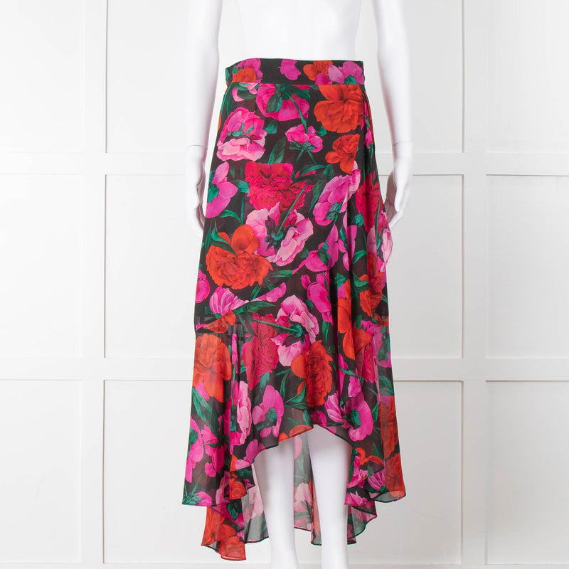 The Kooples Black Red Pink Rose Print Frill Trim Skirt