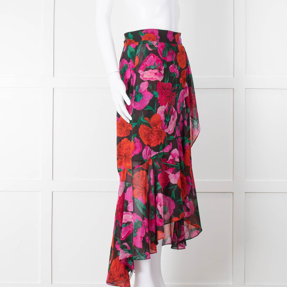 The Kooples Black Red Pink Rose Print Frill Trim Skirt