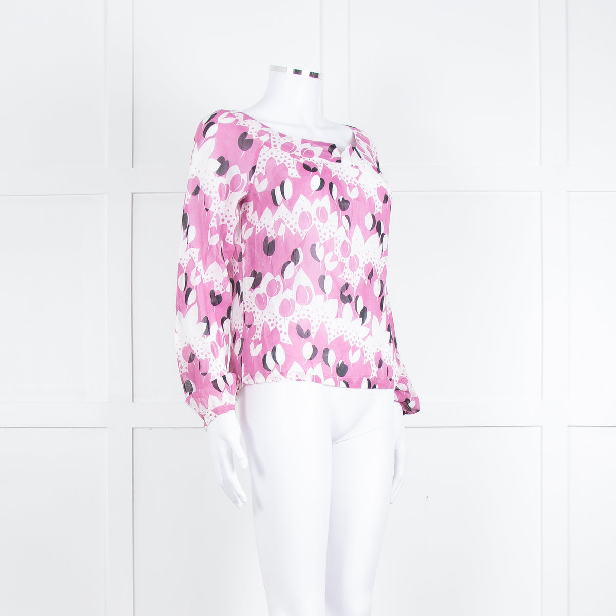 Paul & Joe White Lilac Black Floral Long Sleeve Fine Cotton Top