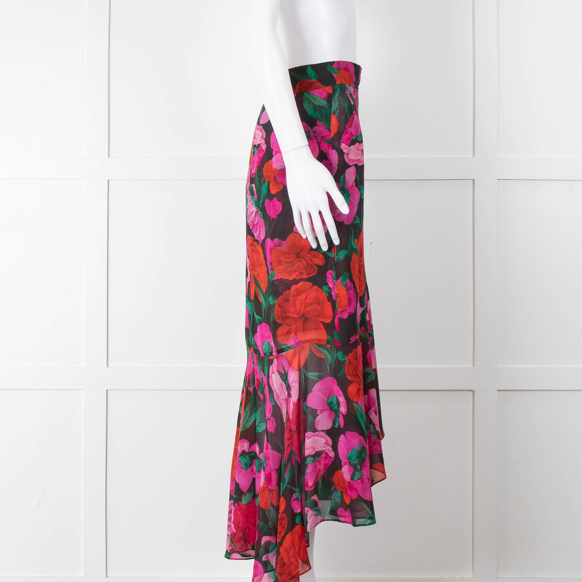 The Kooples Black Red Pink Rose Print Frill Trim Skirt