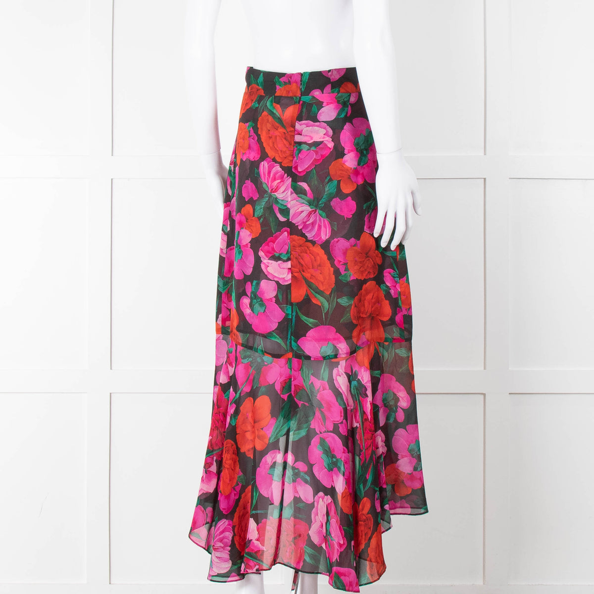 The Kooples Black Red Pink Rose Print Frill Trim Skirt