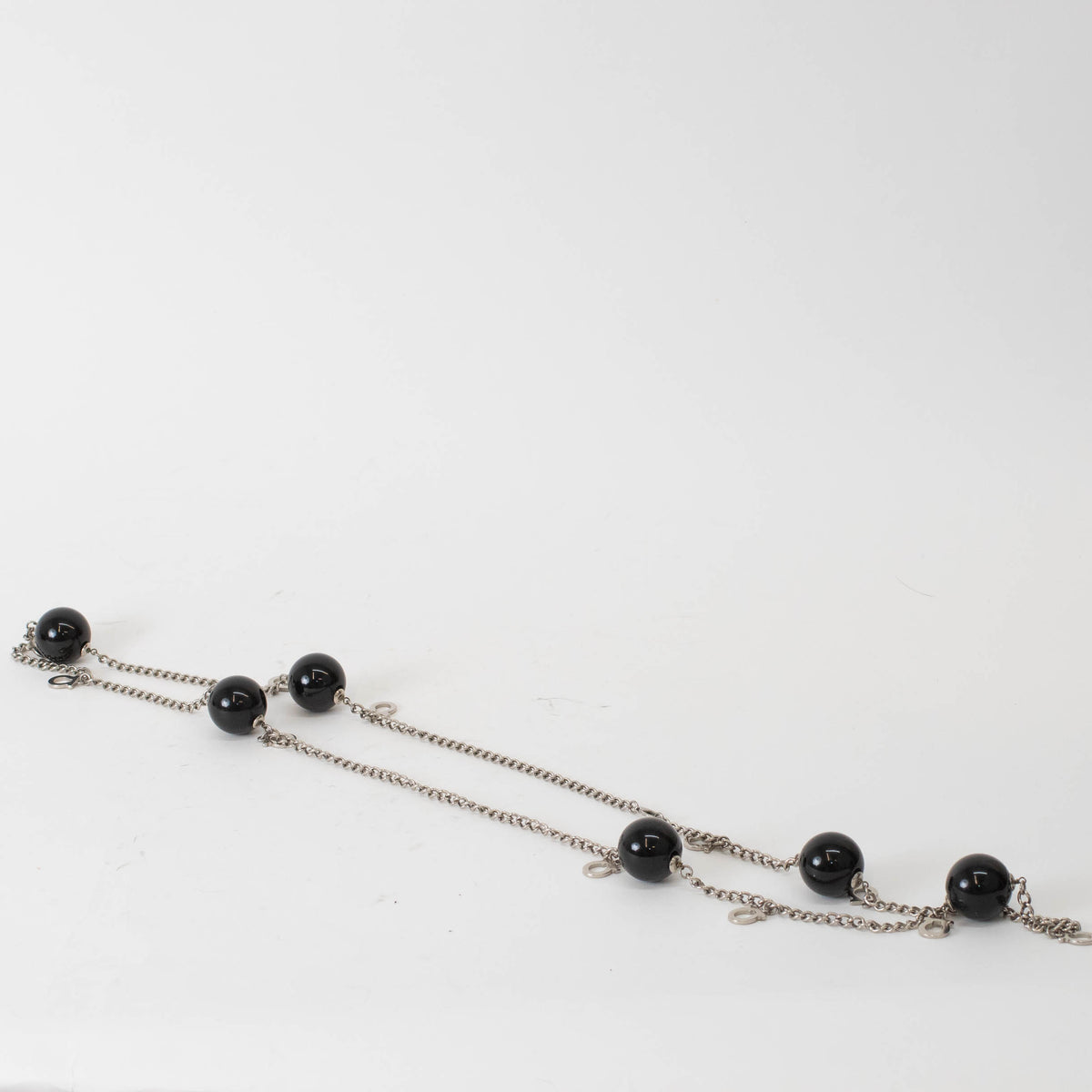 Salvatore Ferragamo Sliver Black Large Faux Pearl Chain Necklace