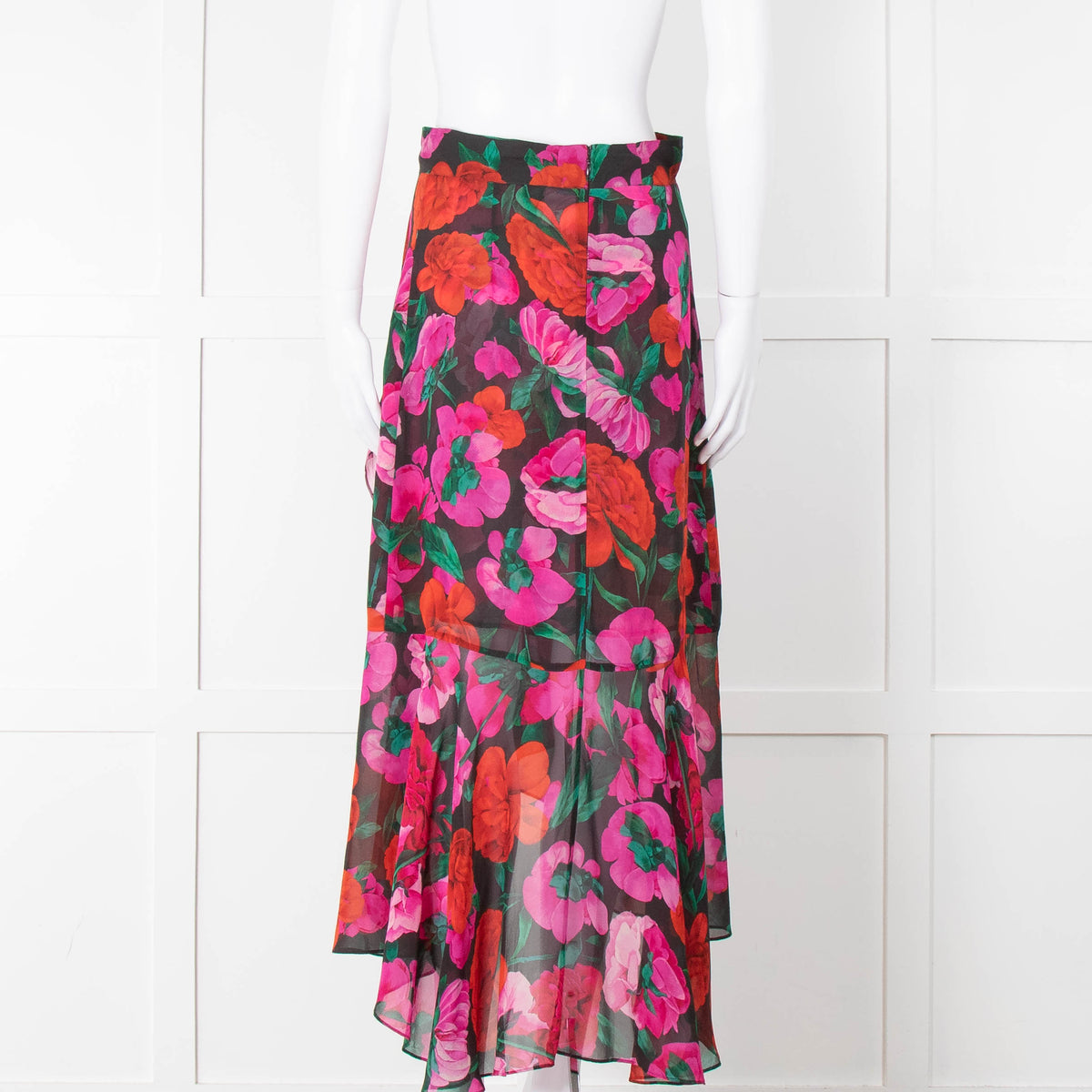 The Kooples Black Red Pink Rose Print Frill Trim Skirt