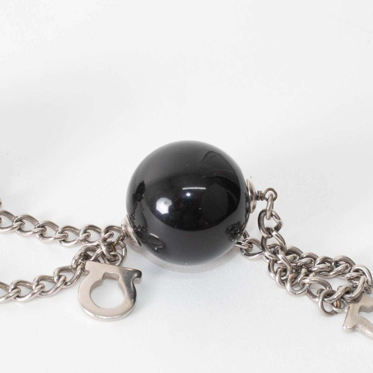 Salvatore Ferragamo Sliver Black Large Faux Pearl Chain Necklace