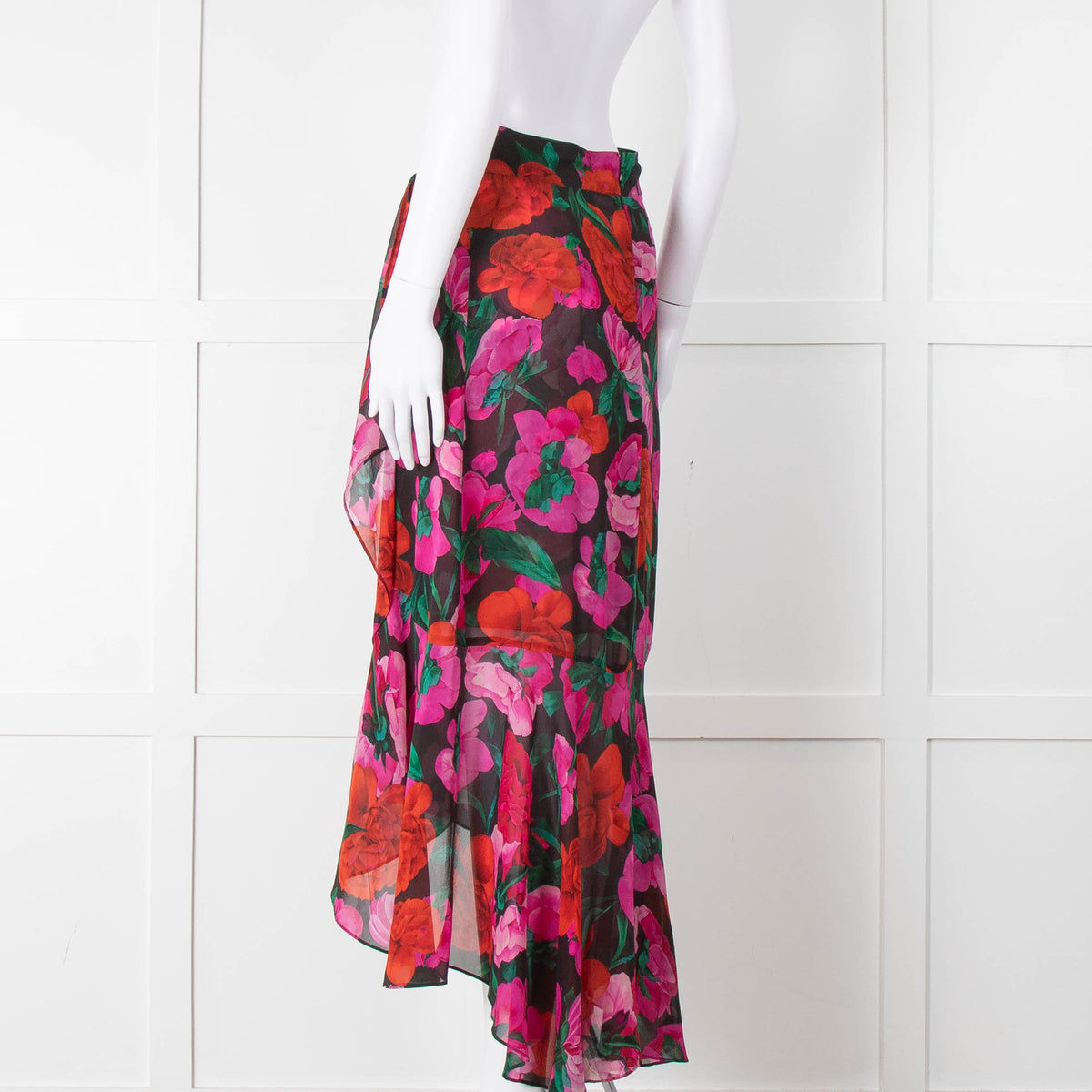 The Kooples Black Red Pink Rose Print Frill Trim Skirt