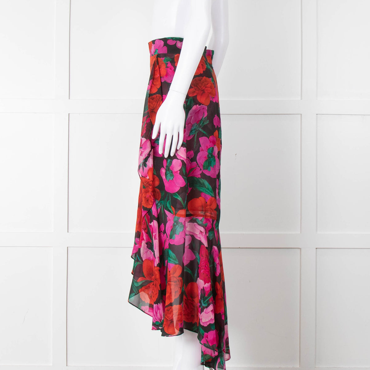 The Kooples Black Red Pink Rose Print Frill Trim Skirt