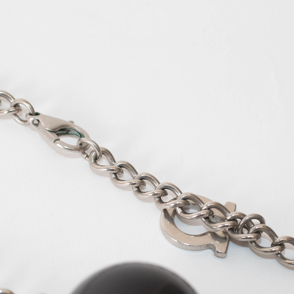 Salvatore Ferragamo Sliver Black Large Faux Pearl Chain Necklace