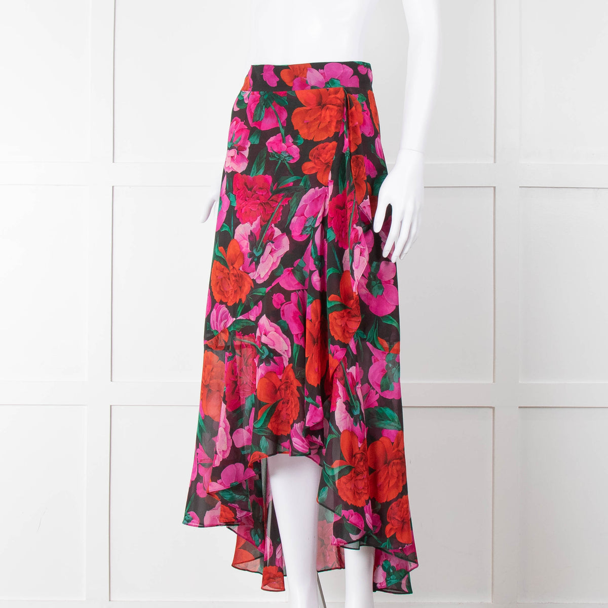 The Kooples Black Red Pink Rose Print Frill Trim Skirt