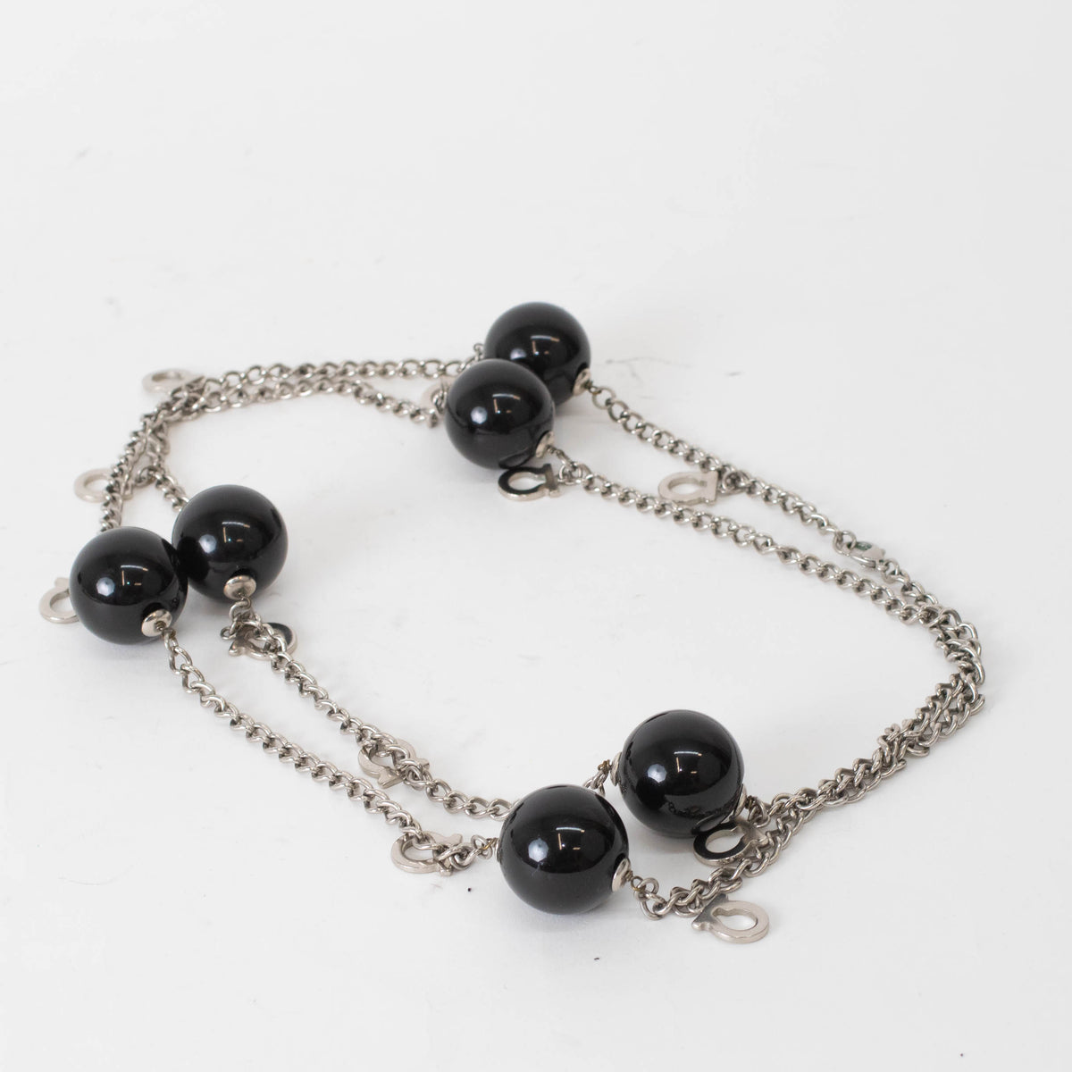 Salvatore Ferragamo Sliver Black Large Faux Pearl Chain Necklace