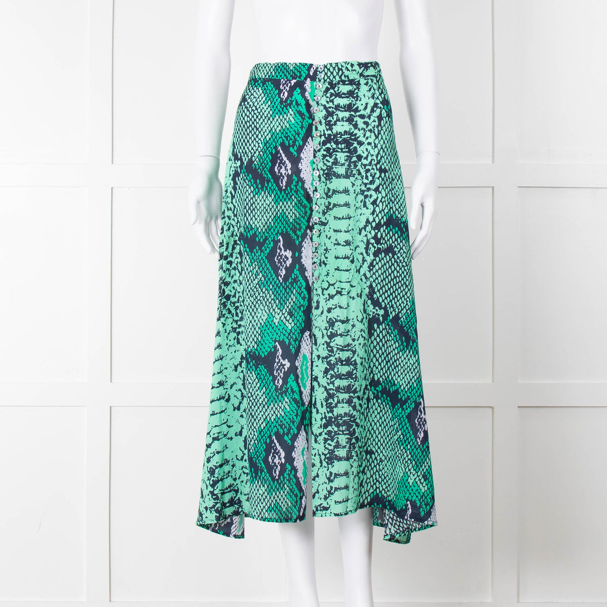 Mercy Delta Green Navy Snake Print Button Front Maxi Skirt