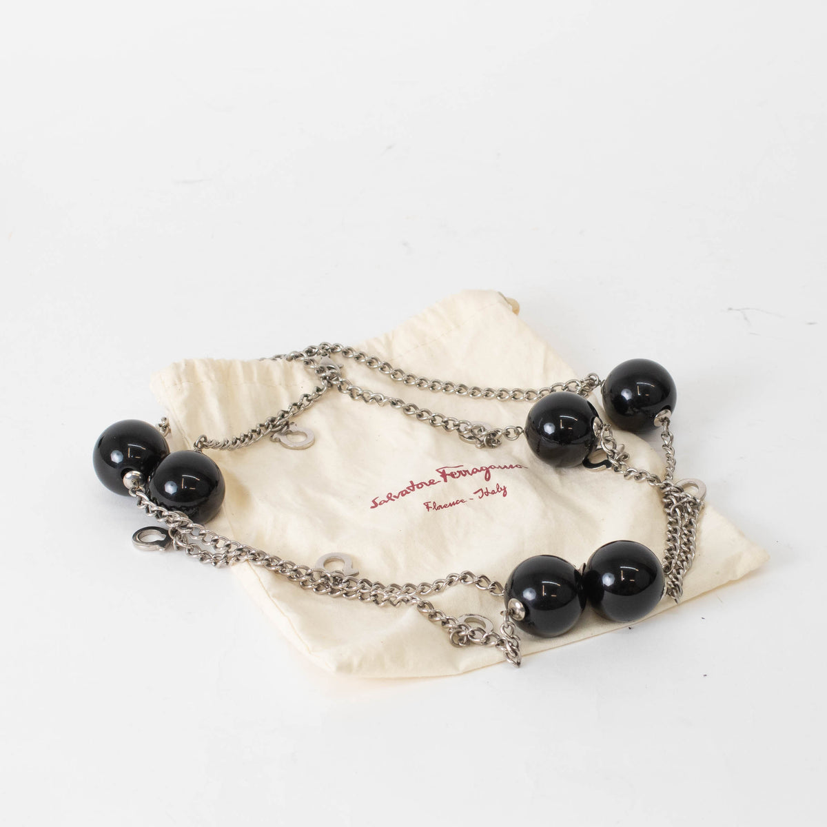 Salvatore Ferragamo Sliver Black Large Faux Pearl Chain Necklace