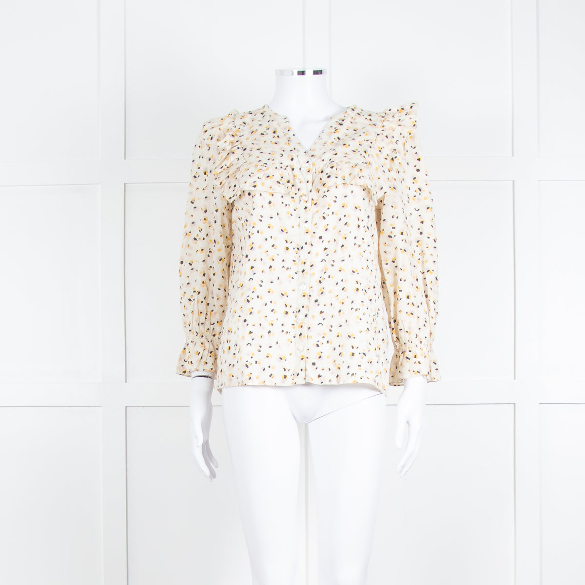 BA&SH Cream Black Pink Floral Print Frill Detail Cotton Top