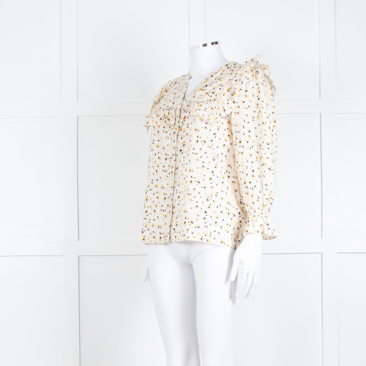 BA&SH Cream Black Pink Floral Print Frill Detail Cotton Top