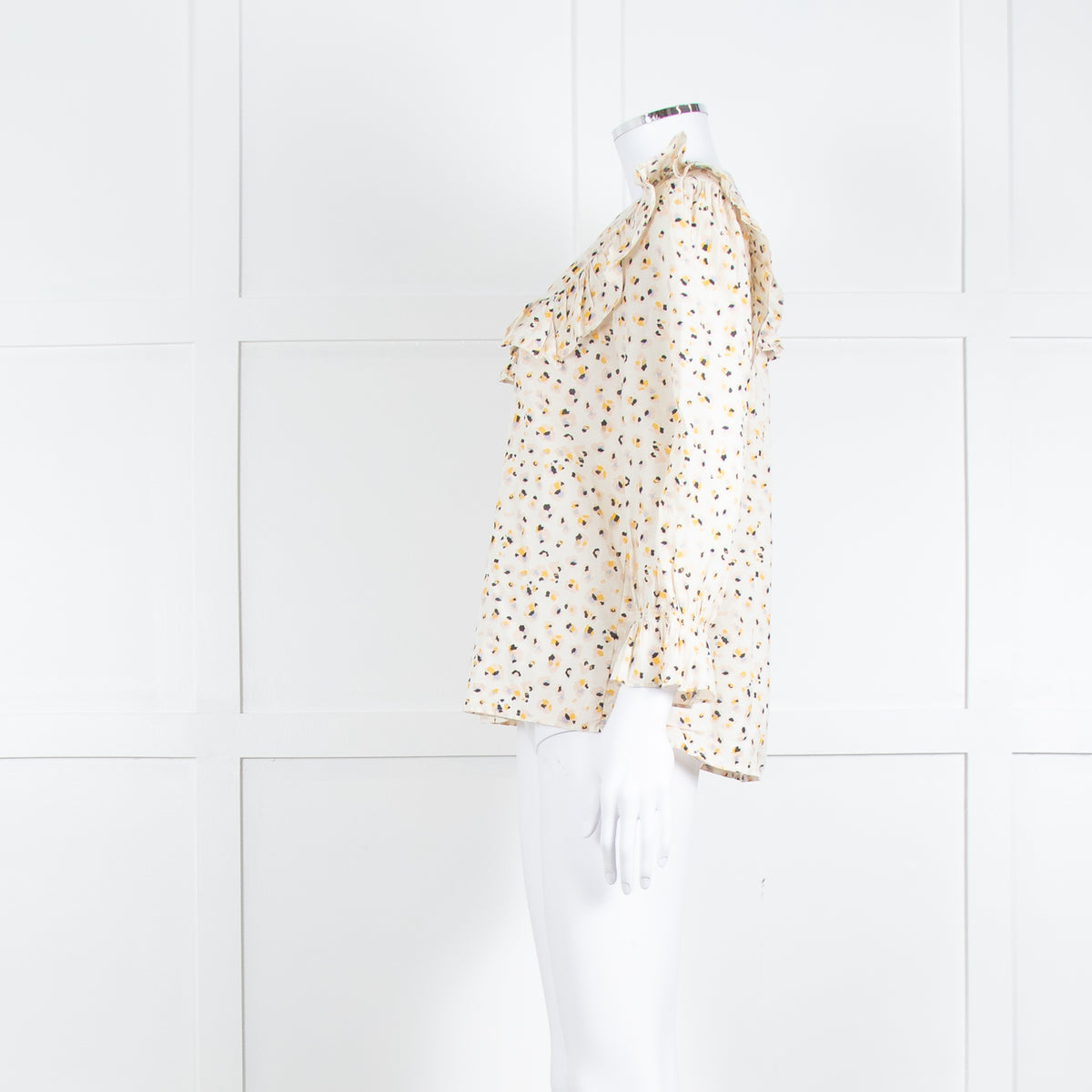 BA&SH Cream Black Pink Floral Print Frill Detail Cotton Top