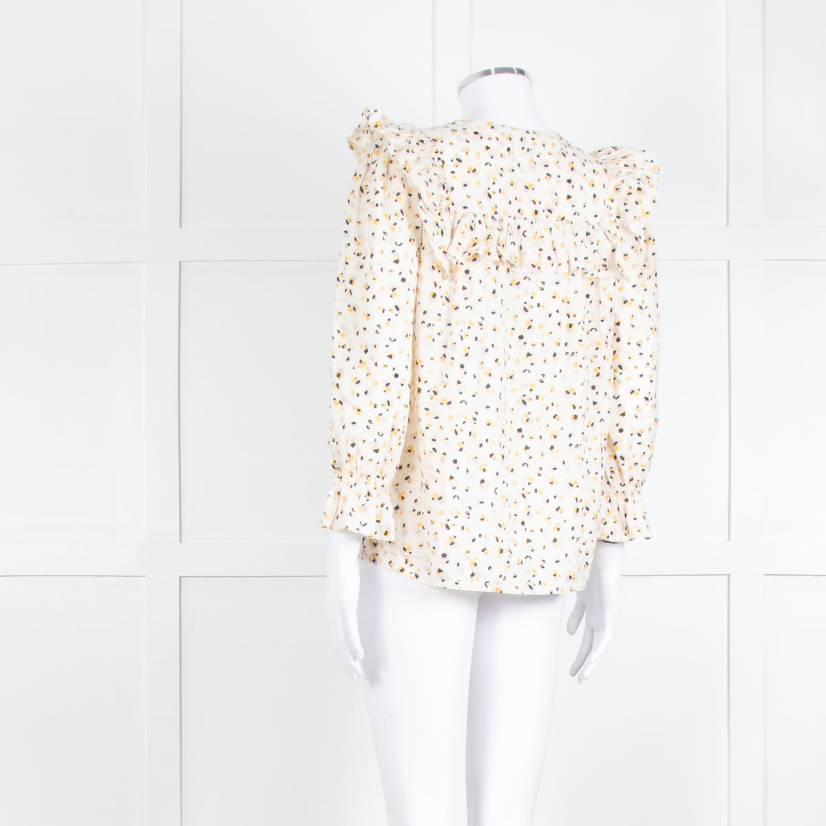 BA&SH Cream Black Pink Floral Print Frill Detail Cotton Top