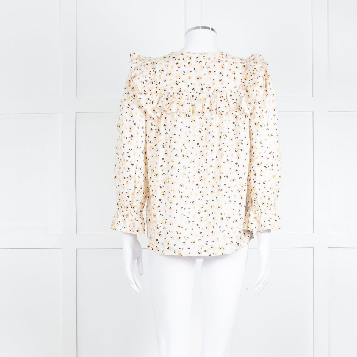 BA&SH Cream Black Pink Floral Print Frill Detail Cotton Top
