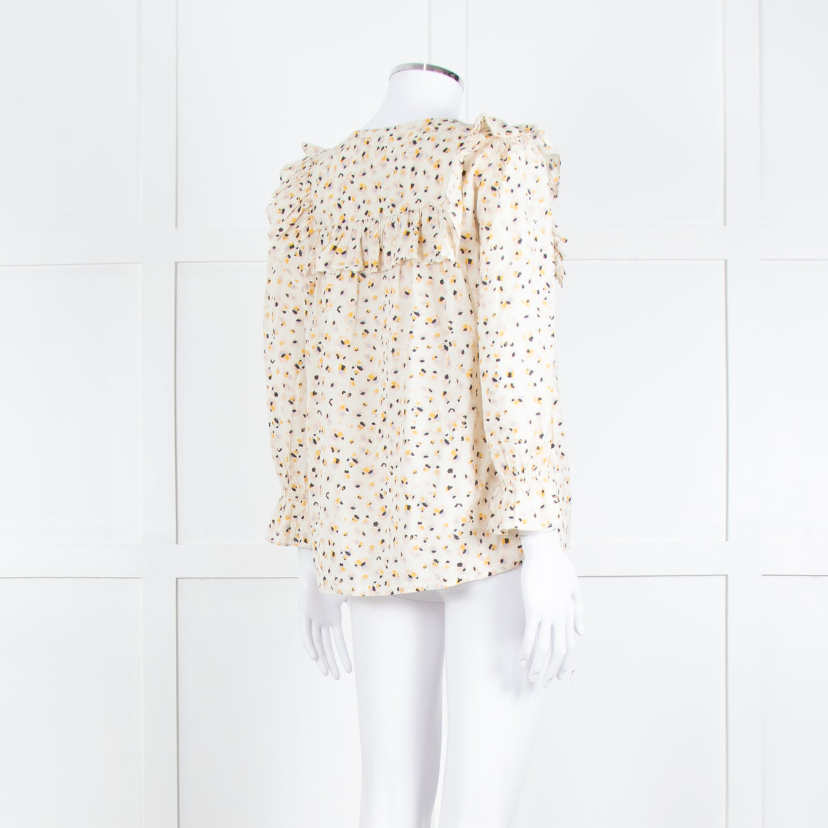 BA&SH Cream Black Pink Floral Print Frill Detail Cotton Top