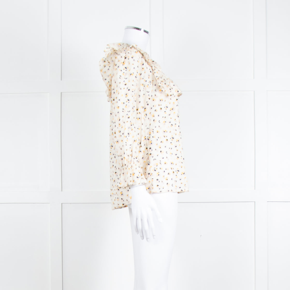 BA&SH Cream Black Pink Floral Print Frill Detail Cotton Top