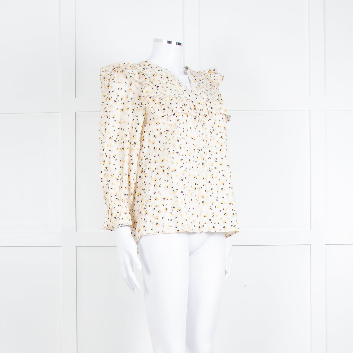 BA&SH Cream Black Pink Floral Print Frill Detail Cotton Top