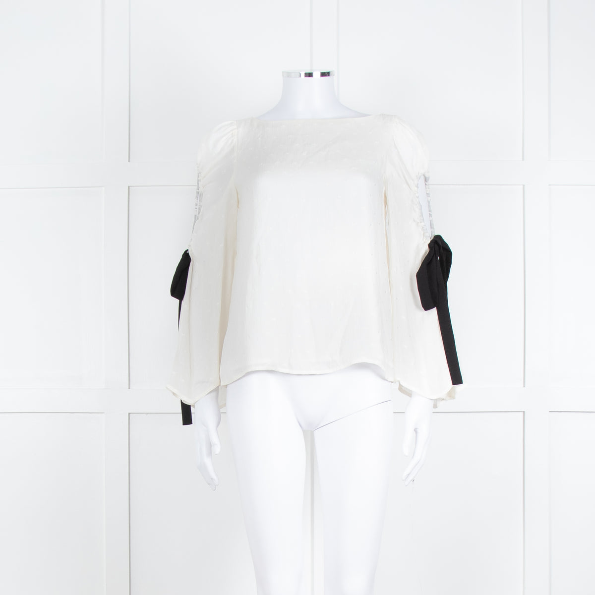 Club Monaco Cream Black Ribbon Tie On Sleeves Silk Blend Top