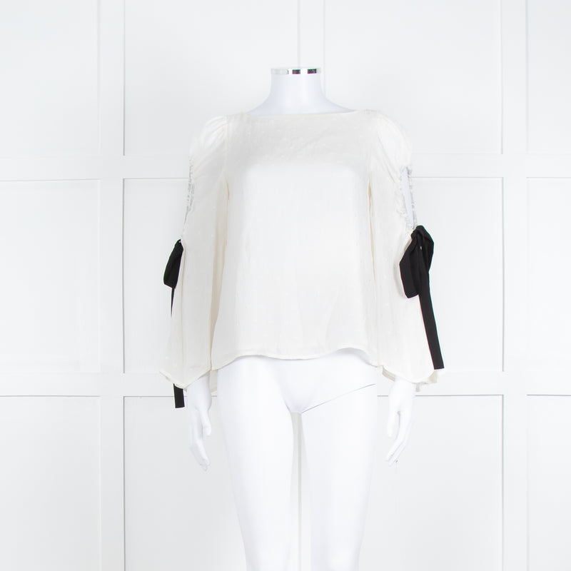 Club Monaco Cream Black Ribbon Tie On Sleeves Silk Blend Top