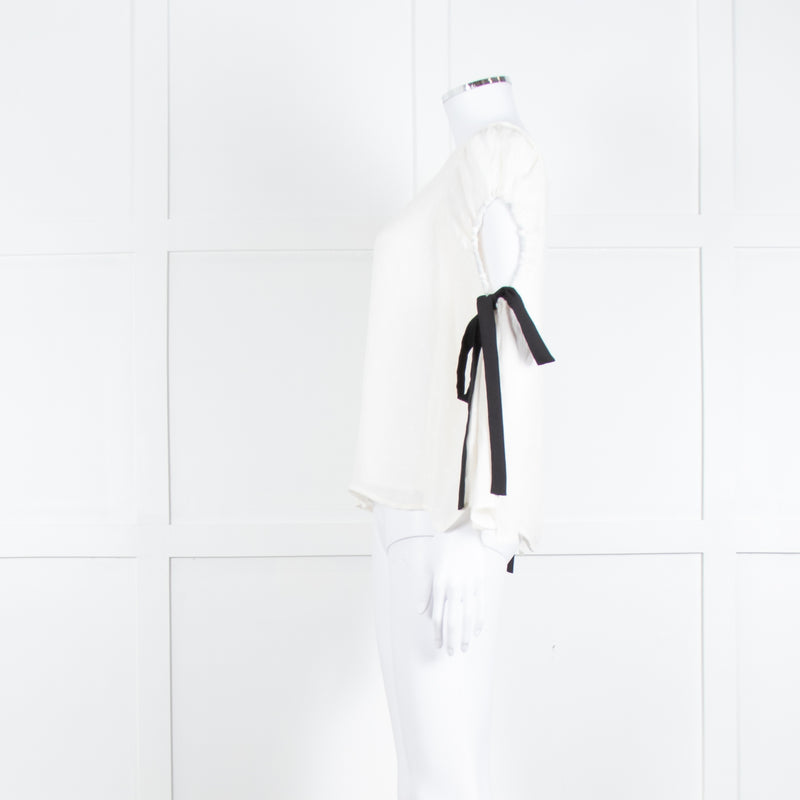 Club Monaco Cream Black Ribbon Tie On Sleeves Silk Blend Top