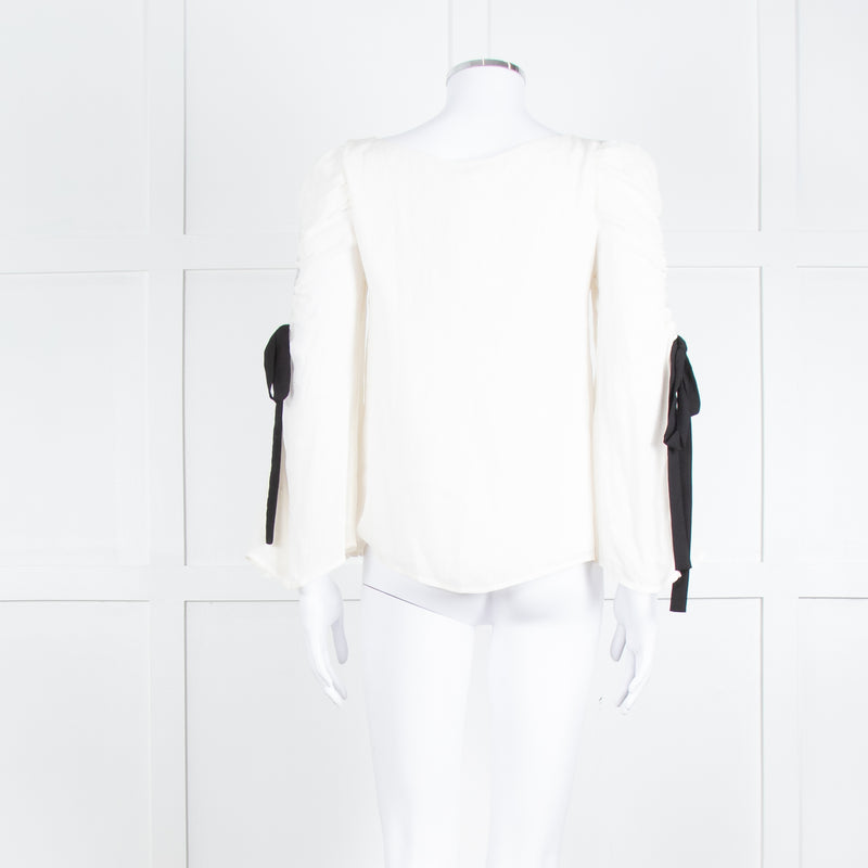 Club Monaco Cream Black Ribbon Tie On Sleeves Silk Blend Top