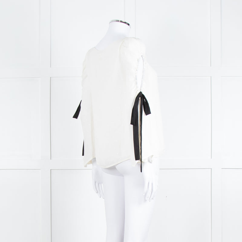 Club Monaco Cream Black Ribbon Tie On Sleeves Silk Blend Top