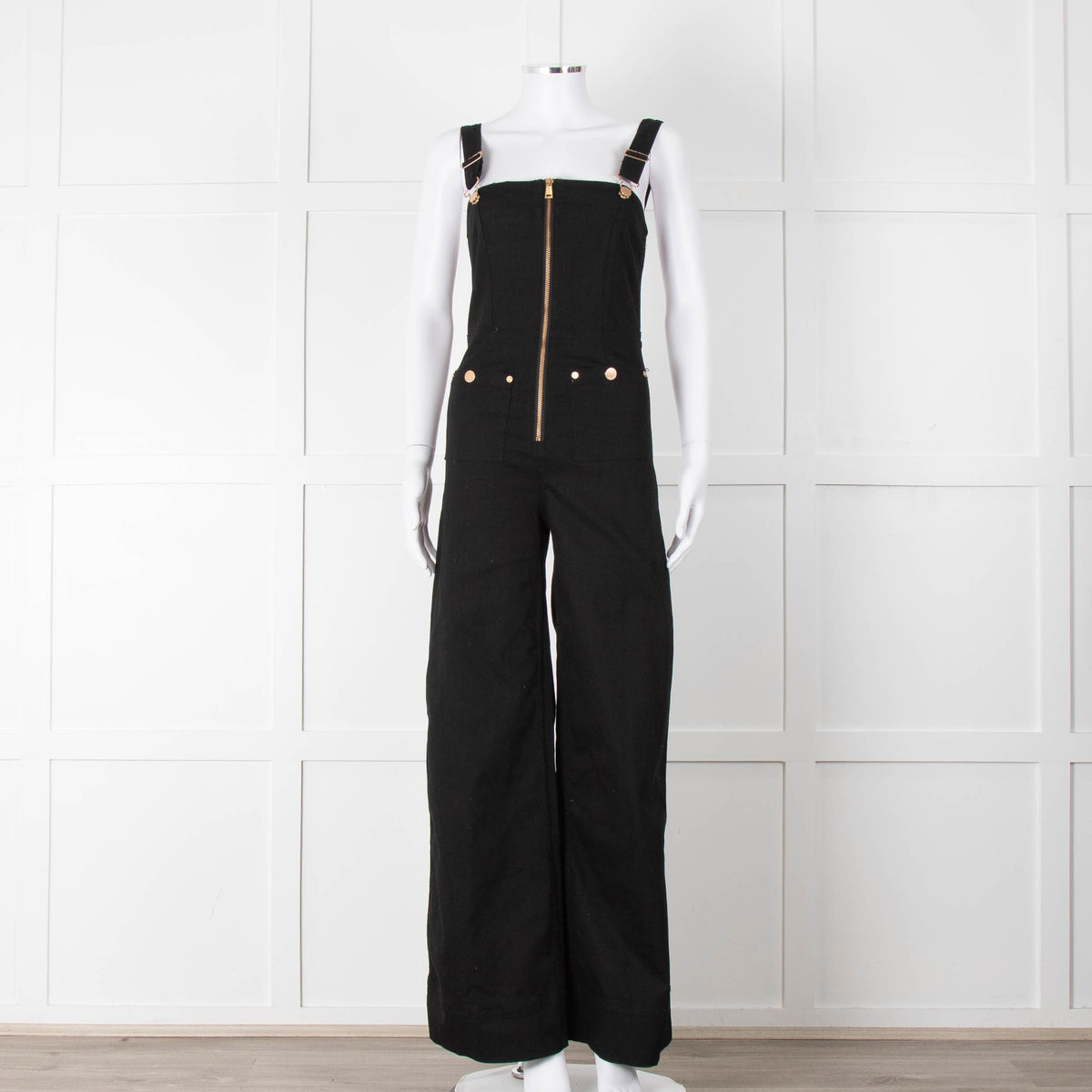 Alice McCall Black Gold Zip Wide Stretch Denim Dungarees