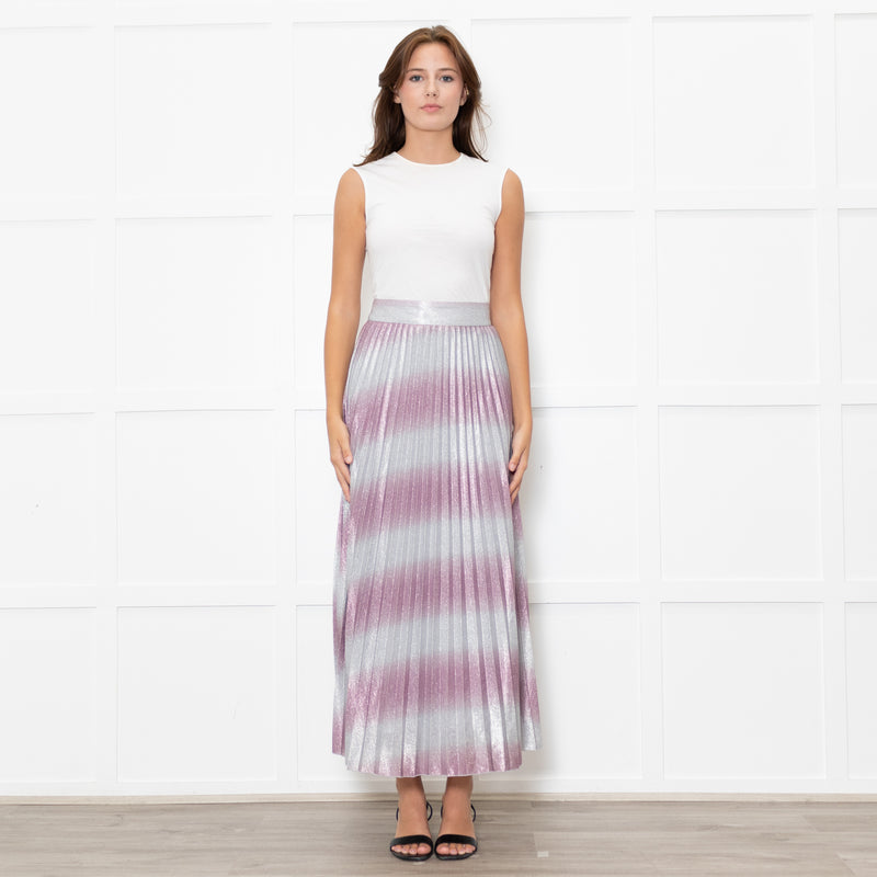Sezane Pink And Silver Abstract Pleat Skirt