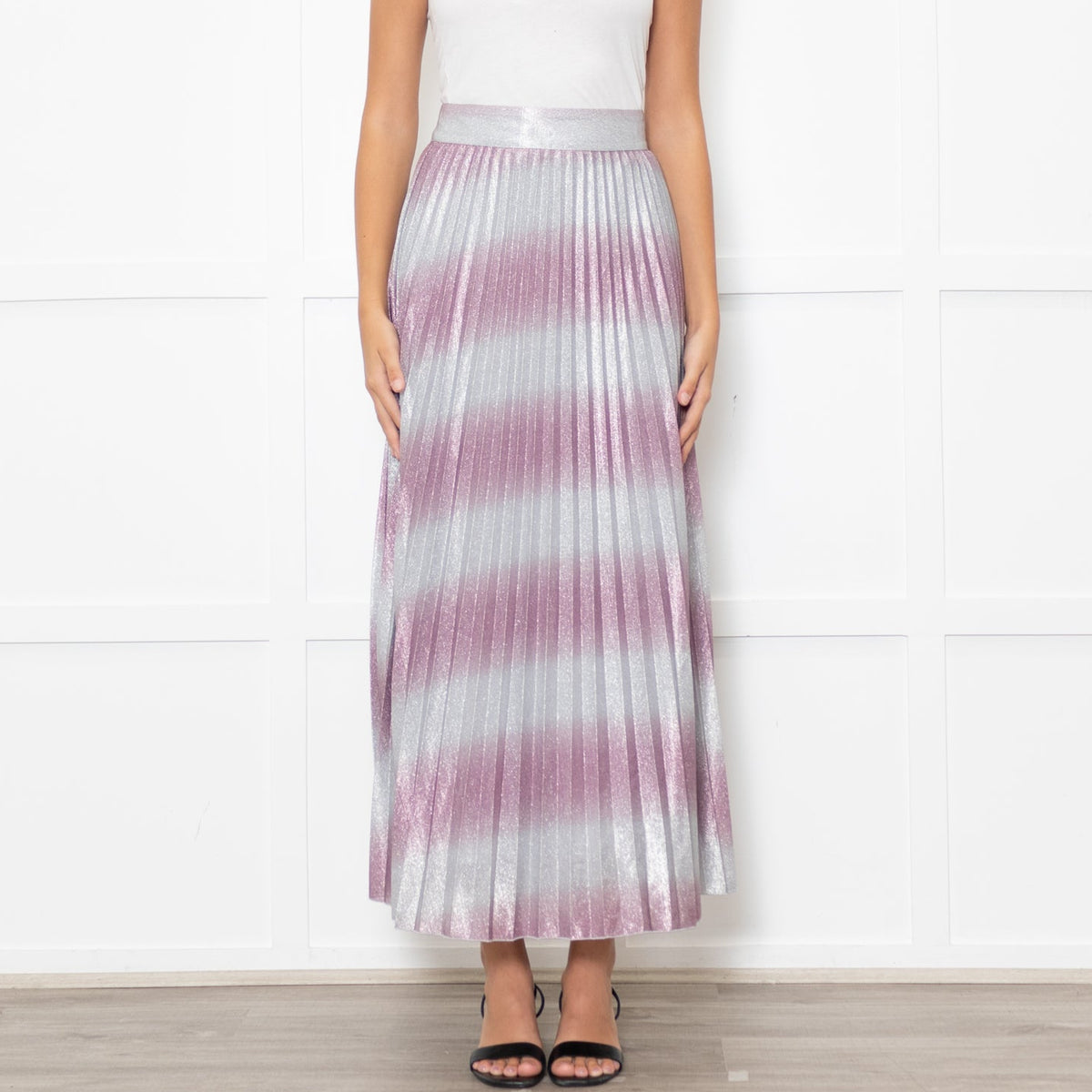 Sezane Pink And Silver Abstract Pleat Skirt