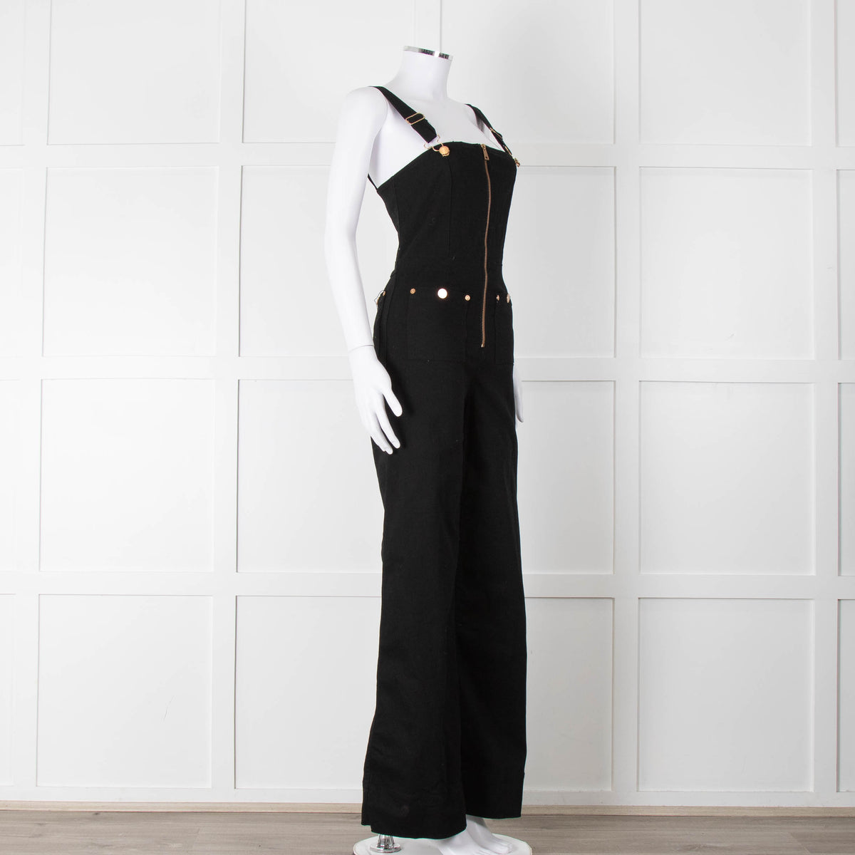 Alice McCall Black Gold Zip Wide Stretch Denim Dungarees