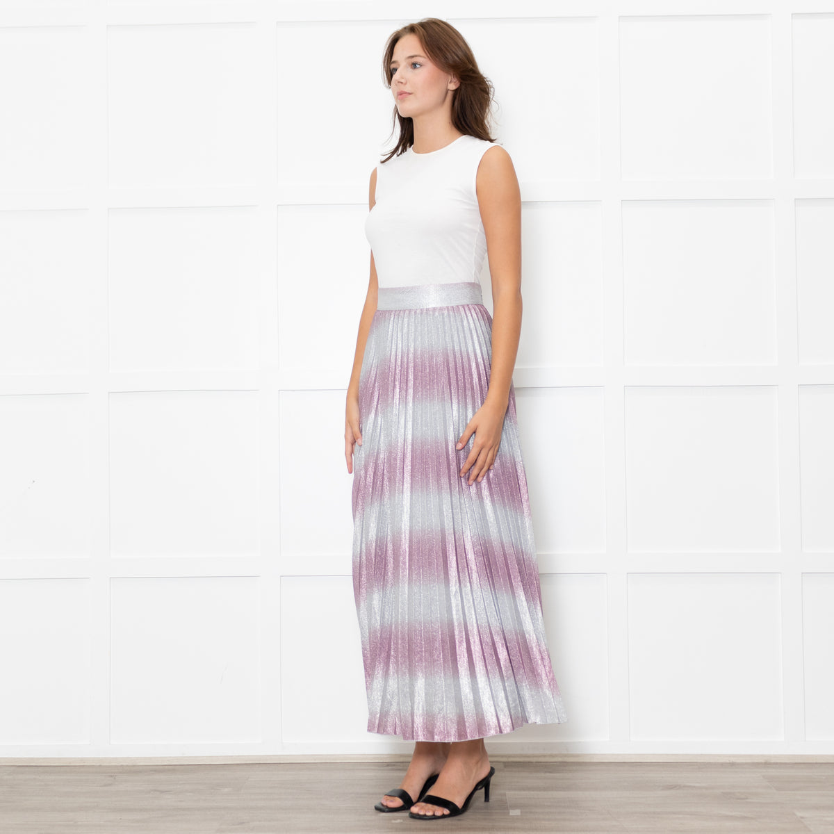 Sezane Pink And Silver Abstract Pleat Skirt