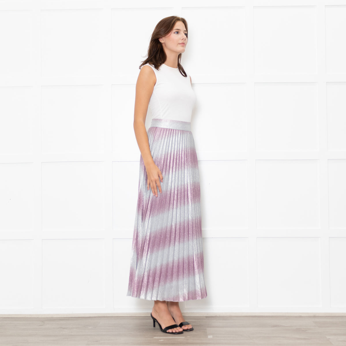 Sezane Pink And Silver Abstract Pleat Skirt