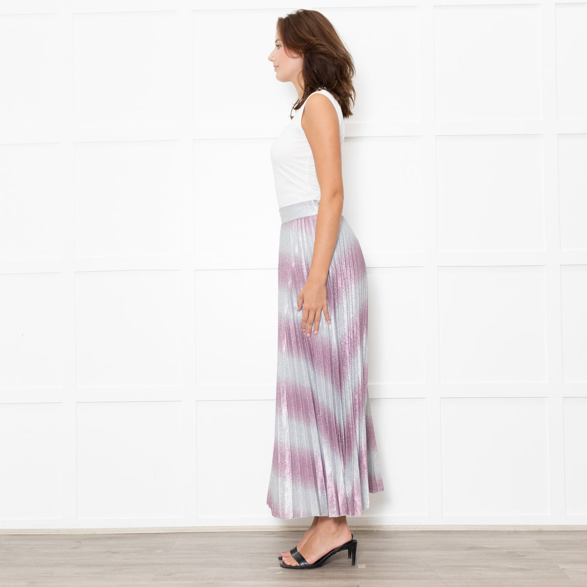 Sezane Pink And Silver Abstract Pleat Skirt