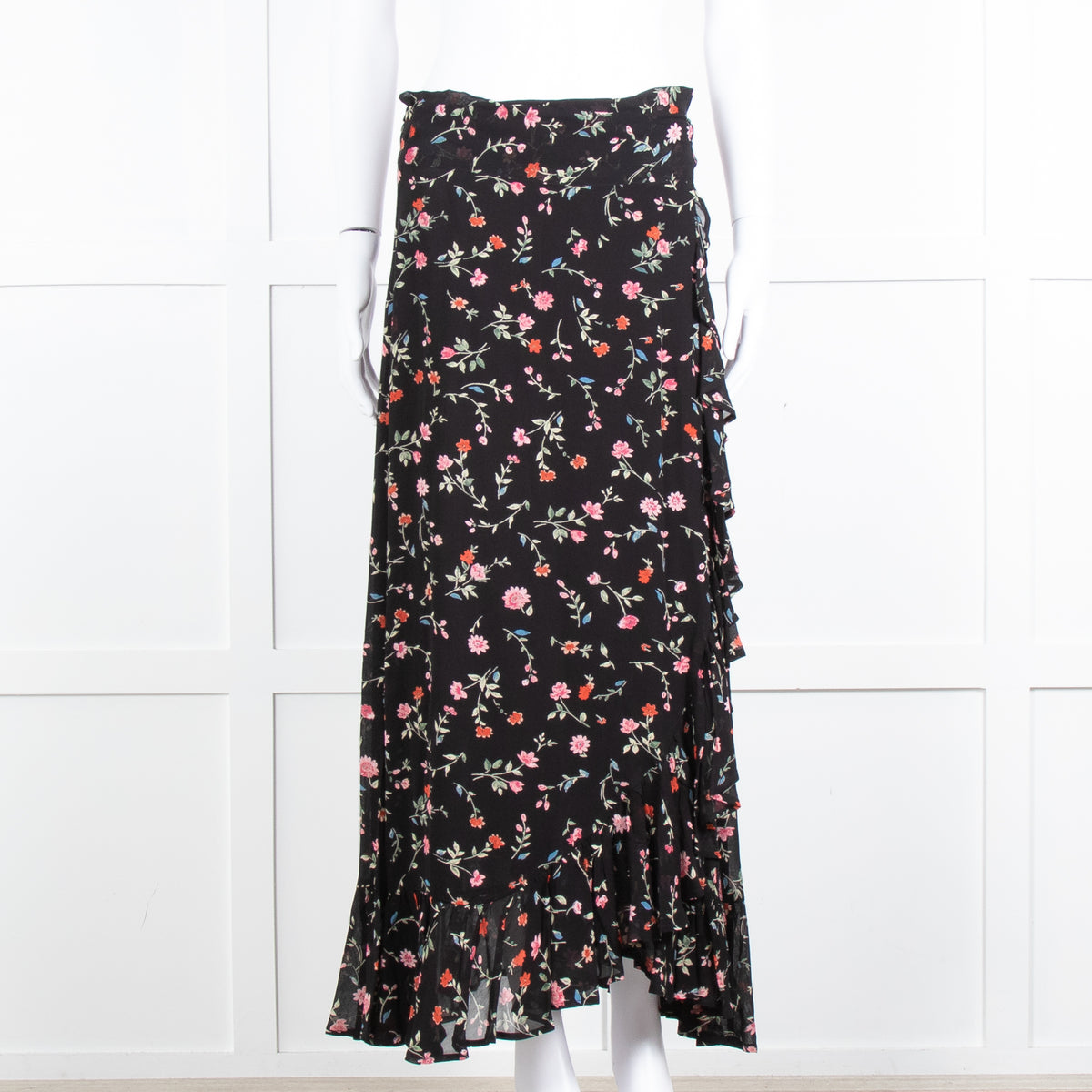 Ganni Black Multi Colour Floral Wrap Skirt