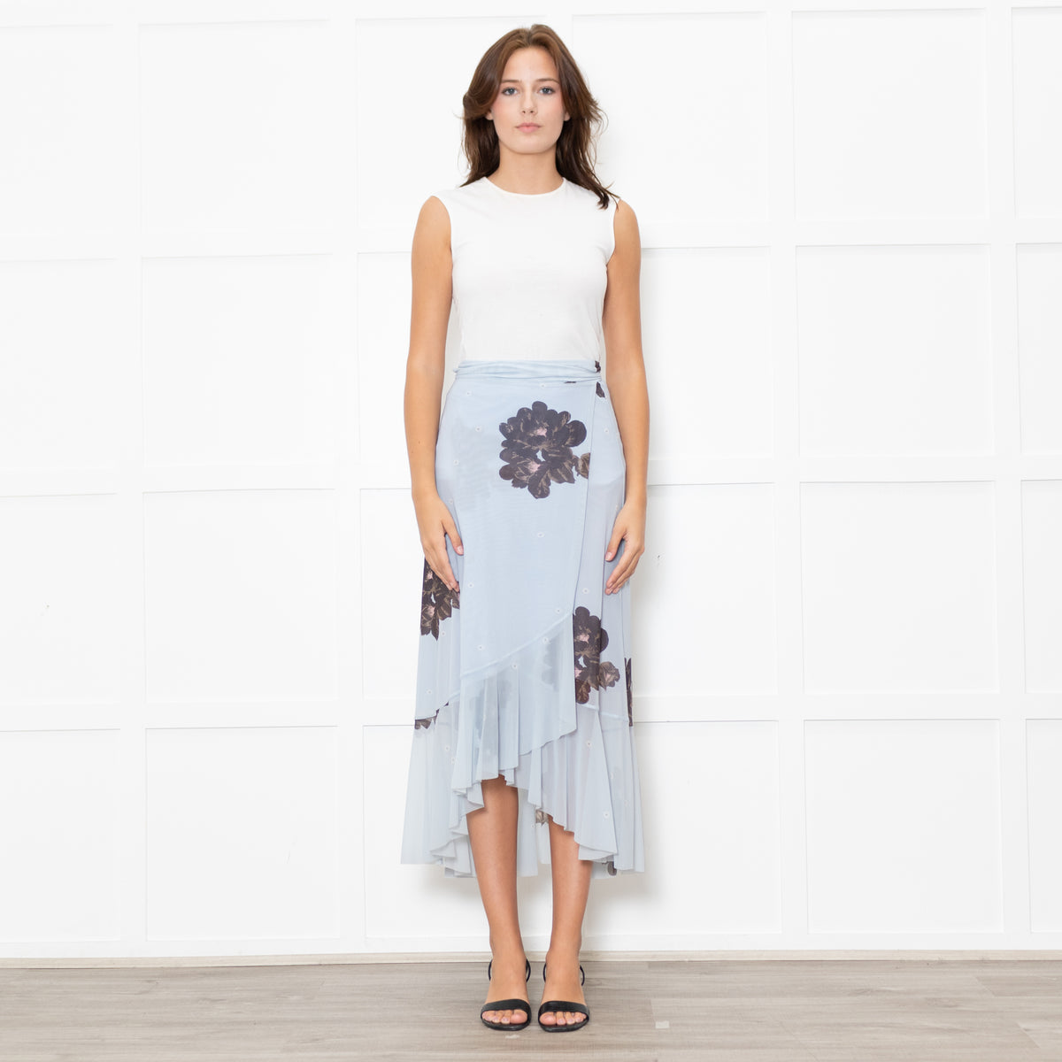 Ganni Pale Blue Frilled Wrap Skirt With Brown Flowers