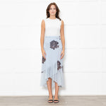 Ganni Pale Blue Frilled Wrap Skirt With Brown Flowers
