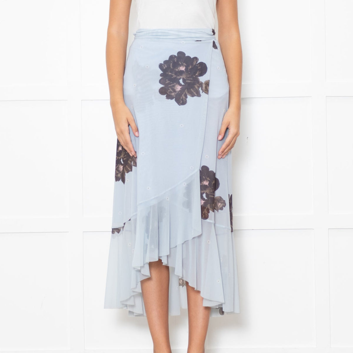 Ganni Pale Blue Frilled Wrap Skirt With Brown Flowers