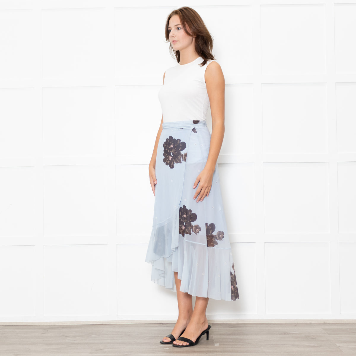 Ganni Pale Blue Frilled Wrap Skirt With Brown Flowers