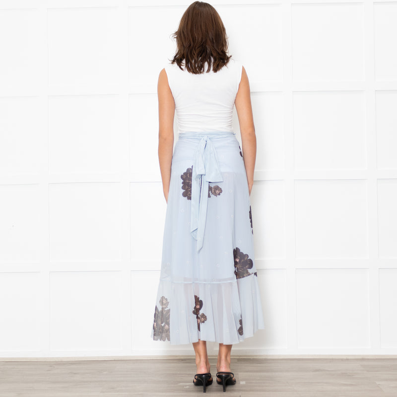 Ganni Pale Blue Frilled Wrap Skirt With Brown Flowers