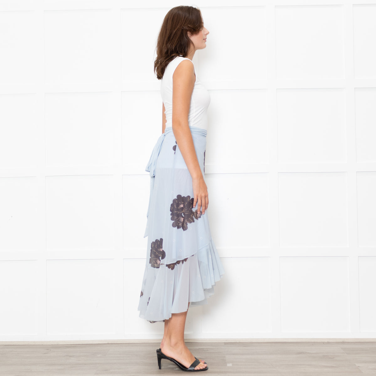Ganni Pale Blue Frilled Wrap Skirt With Brown Flowers