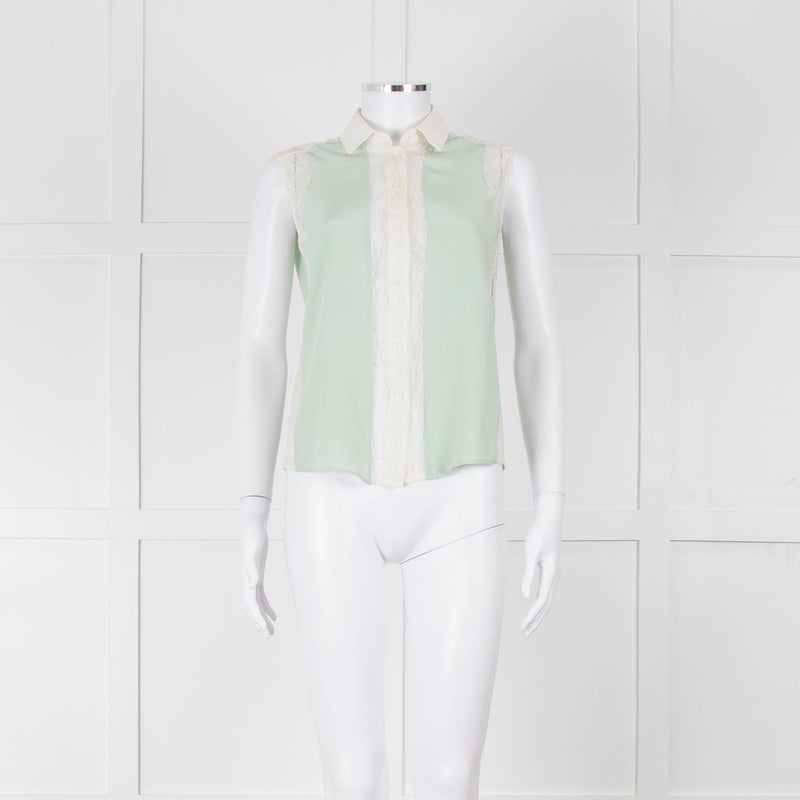 Sandro Green Lace Insert Sleeveless Blouse